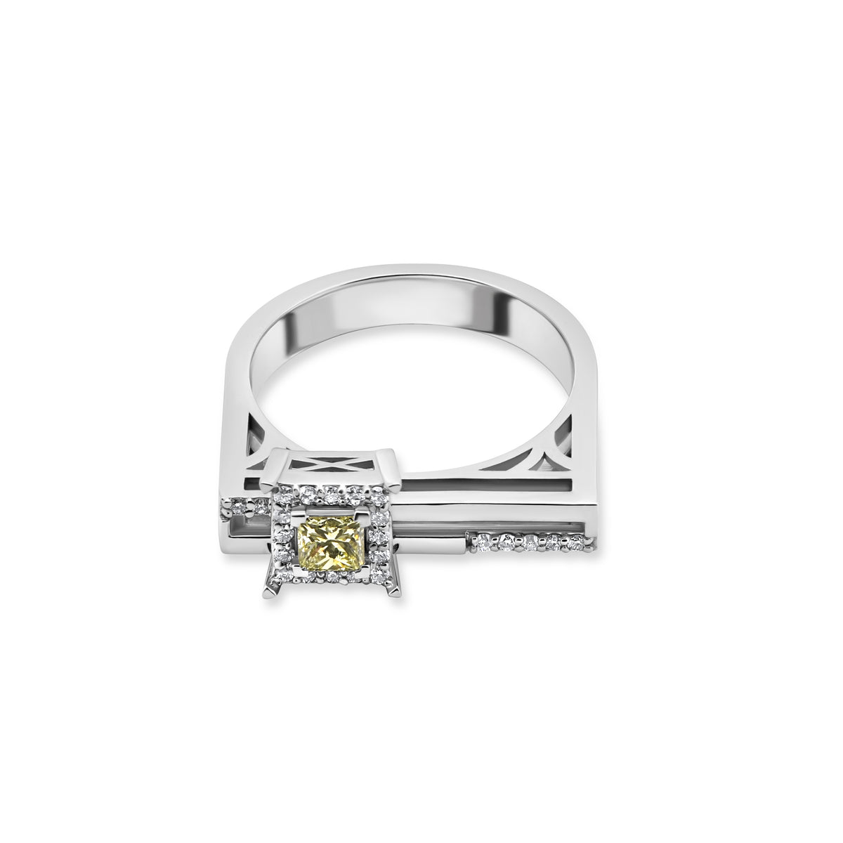 White Gold Yellow Diamond Geometric Statement Ring