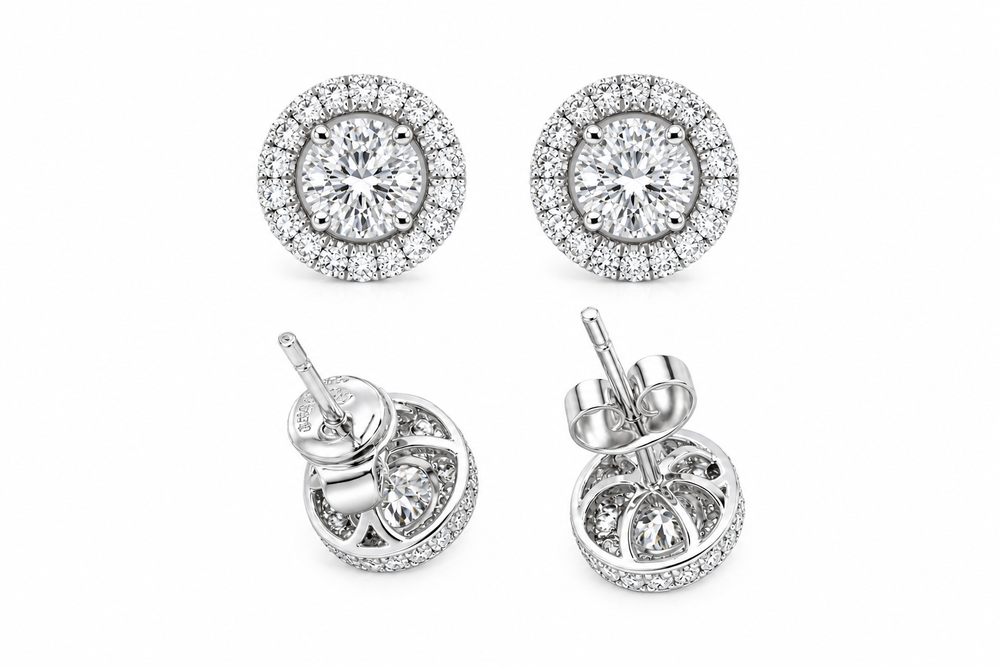 White Gold Round Diamond Halo Stud Earrings