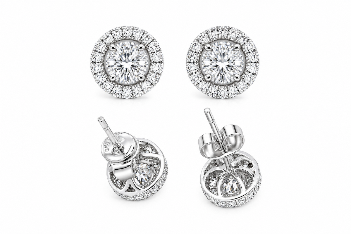 White Gold Round Diamond Halo Stud Earrings